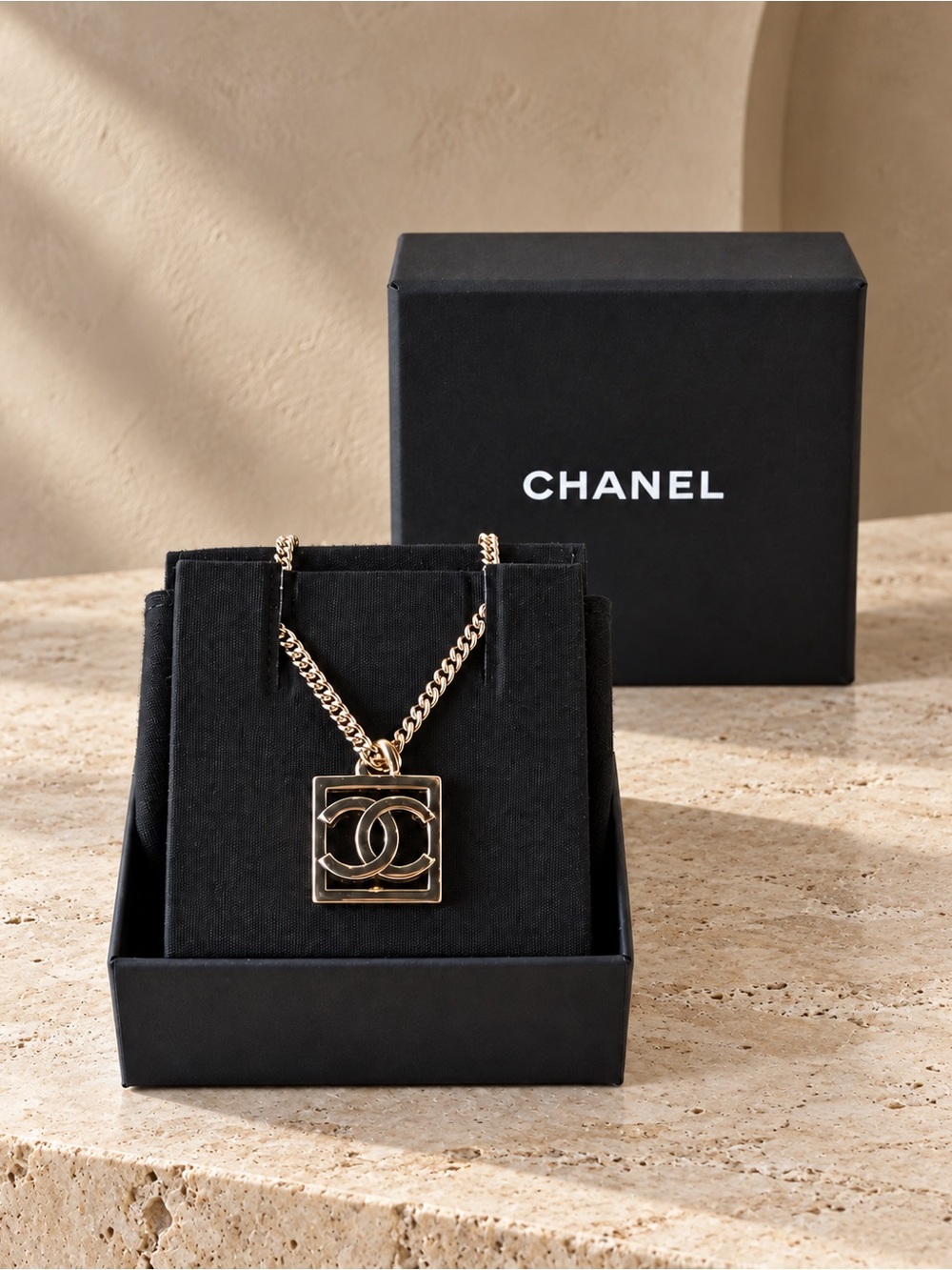 CHANEL 2023 A23B Gold-Tone Black Square CC Pendant Chain Necklace Full Set